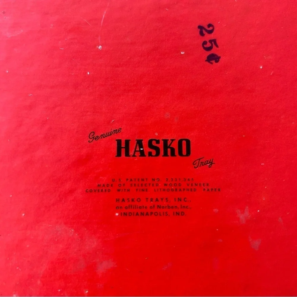 Vintage Hasko wood veneer lap trays red Asian scene MCM 50s set of 3